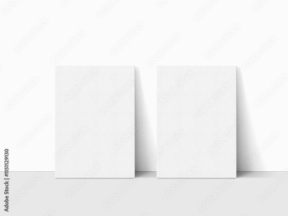 Blank white canvas on a white floor, Empty vertical canvas frame, 3d render Blank white canvas on a white floor, Empty vertical canvas frame, 3d render