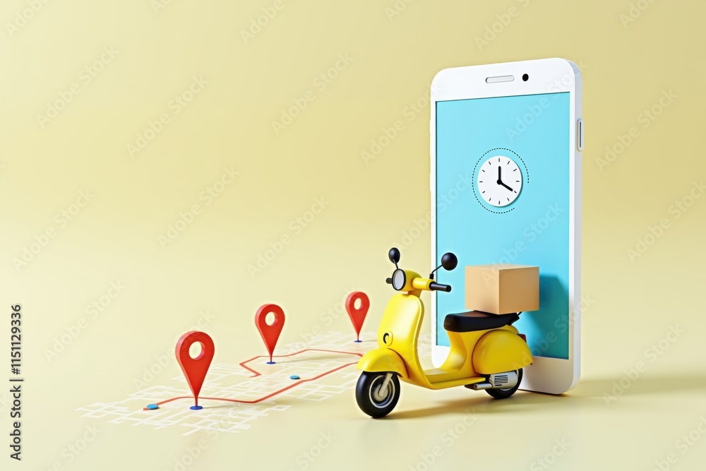Yellow delivery scooter with package in front of smartphone displaying GPS map and 24/7 service clock, perfect for online ordering and logistics marketing visuals. Yellow delivery scooter with package in front of smartphone displaying GPS map and 24/7 service clock, perfect for online ordering and logistics marketing visuals.