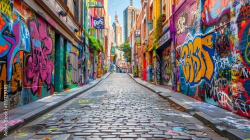 A narrow cobblestone alleyway lined with colorful graffiti on brick walls. AI generative. .
