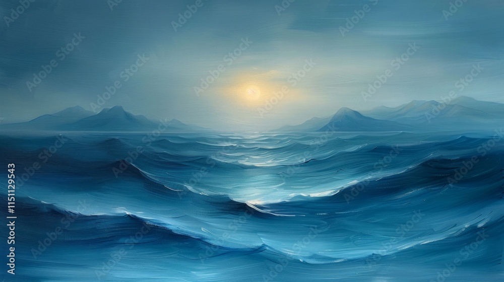 A blue ocean with waves crashing, with a hazy mountain range in the distance and a sun shining through the clouds above. AI generative. . A blue ocean with waves crashing, with a hazy mountain range in the distance and a sun shining through the clouds above. AI generative. .