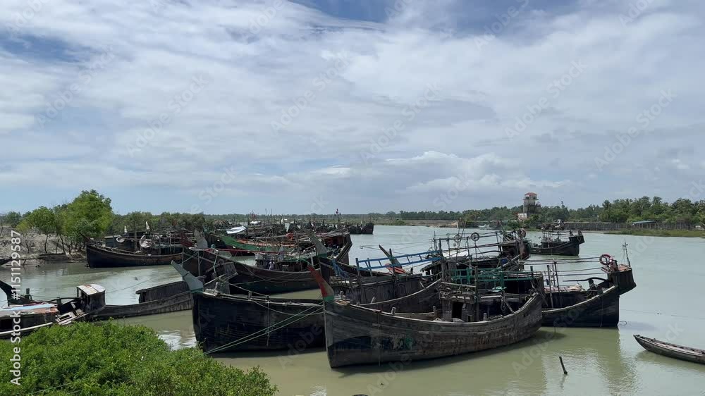 Traditional Fishing Boats Docked in Cox's Bazar, Bangladesh. Maritime Culture and Scenic Beauty Traditional Fishing Boats Docked in Cox's Bazar, Bangladesh. Maritime Culture and Scenic Beauty