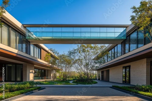 Modern architectural facade with a suspended glass bridge connecting two separate wings over a landscaped courtyard. photo