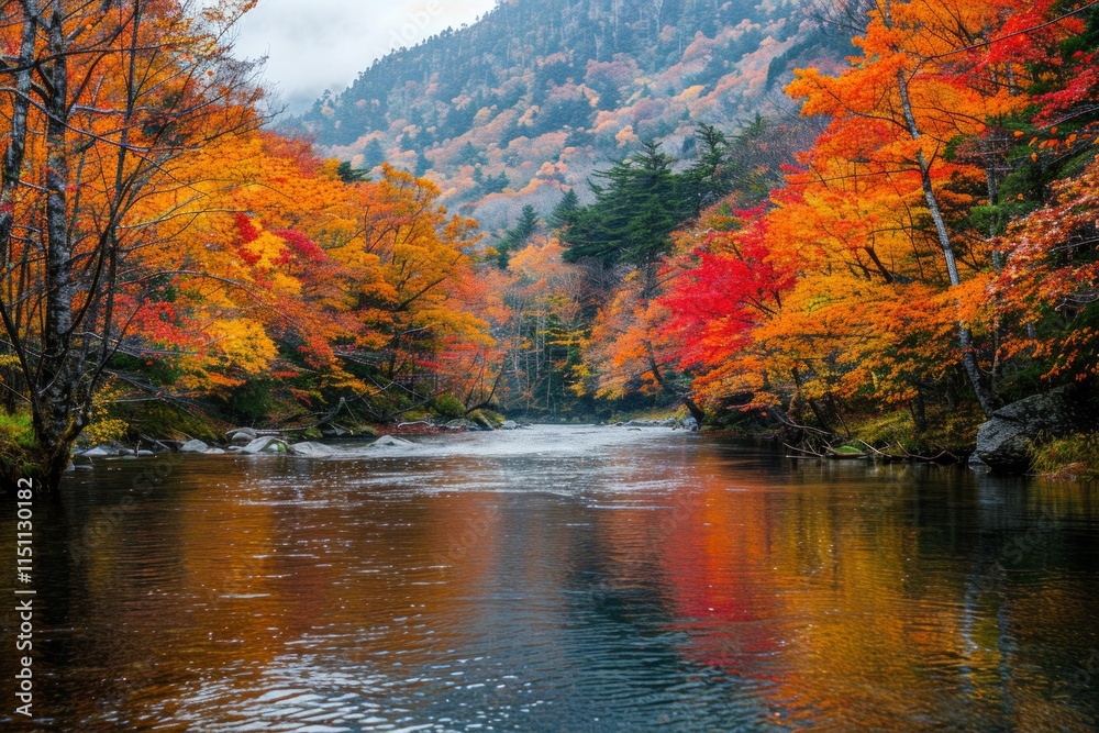 Fall foliage reflects in a still river with a forested hillside in the background. AI generative. . Fall foliage reflects in a still river with a forested hillside in the background. AI generative. .