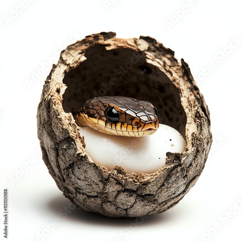 Snake emerging from egg inside a natural shell, white isolate background. photo