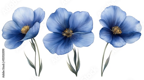 Three blue flax flowers isolated on a white background