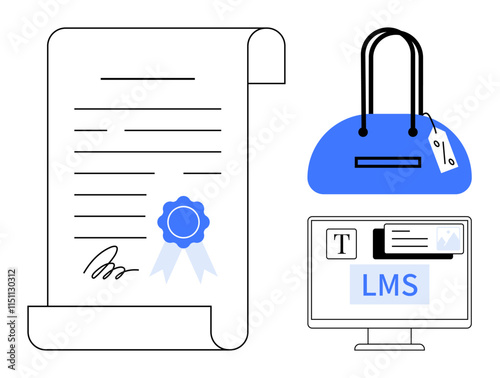 Certificate with blue seal, shopping bag with tag, LMS screen. Ideal for education, certification, learning management, e-commerce, retail achievement themes. Line metaphor