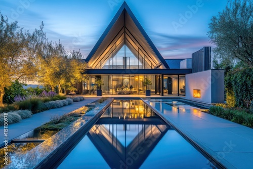 Modern architectural home front featuring a dramatic pointed roof, glass facade, and a reflecting pool. photo