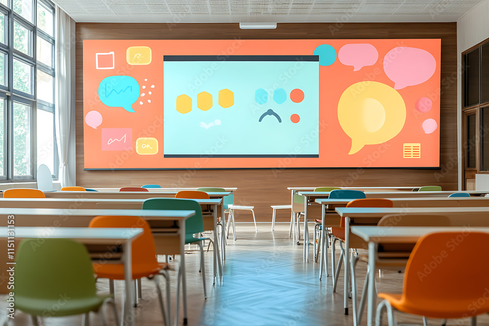 Classroom Sadness: Empty Desks Face Projection Screen with Colorful Speech Bubbles and Emotion Scale.