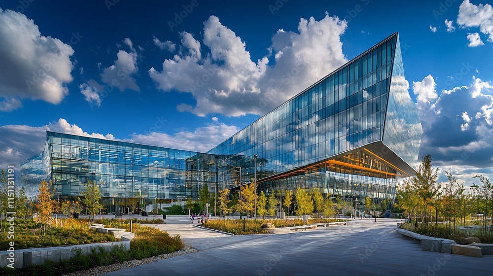 Modern glass building with angular design and landscaped surroundings. Modern glass building with angular design and landscaped surroundings.