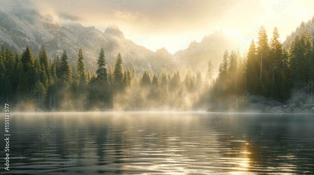 Sunrise over a still lake with tall trees and mountains in the background. AI generative. . Sunrise over a still lake with tall trees and mountains in the background. AI generative. .