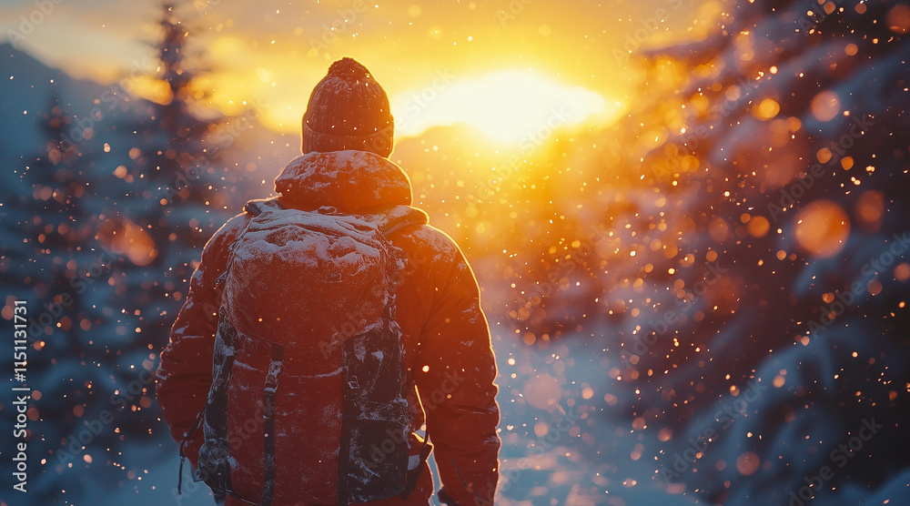 Fototapeta premium snow storm in the mountains, little figure of a man in red Outdoor clothing goes through