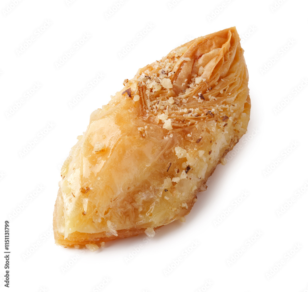 Delicious and flaky pastry dessert made with layers of dough and nuts served on a white background Delicious and flaky pastry dessert made with layers of dough and nuts served on a white background