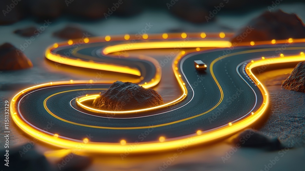 Fototapeta premium Futuristic Highway Glowing Road Car Night Drive Cinematic Design