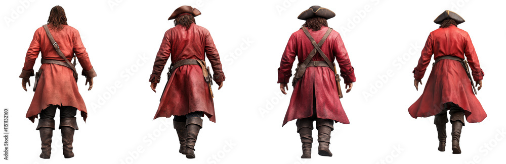 Fototapeta premium Set of pirate characters in red coats viewed from behind isolated on a transparent background