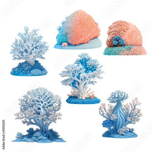 Coral Set 3D Illustration Cute Cartoon Transparent Background.