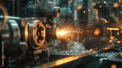 A detailed close-up of a stock cracker machine operating in a bustling factory, steam and sparks flying, photo