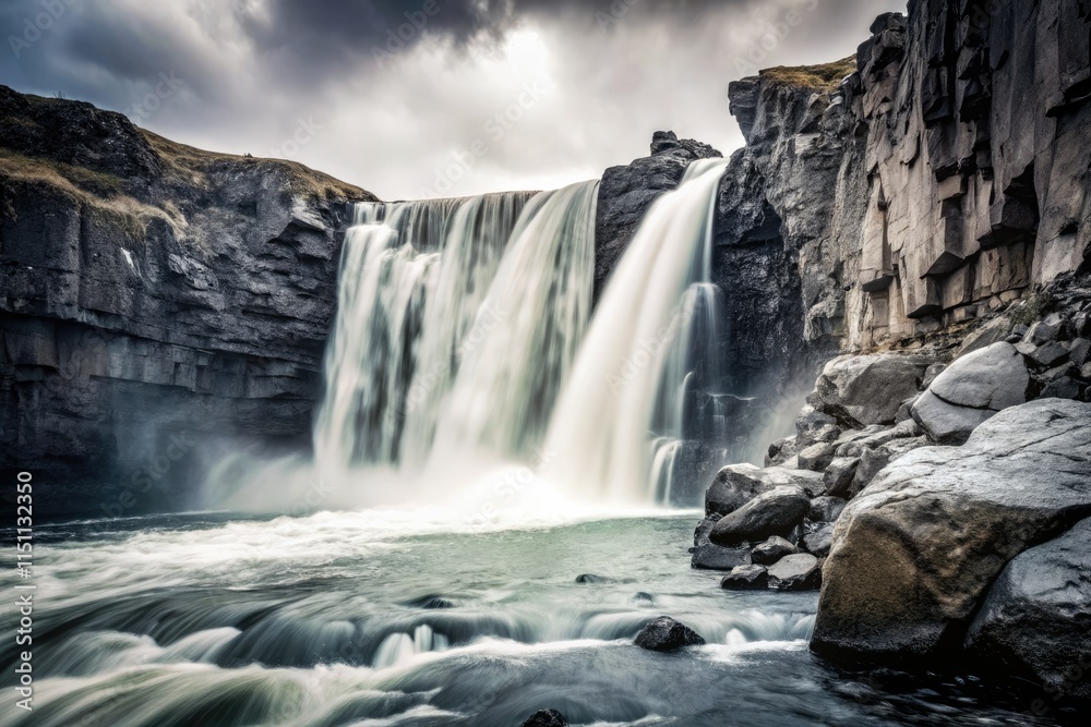 Obraz premium Dramatic Icelandic waterfall plunges from cliffs, a powerful urban exploration scene.