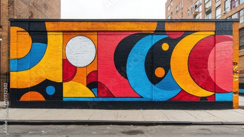 Colorful geometric mural on brick wall.