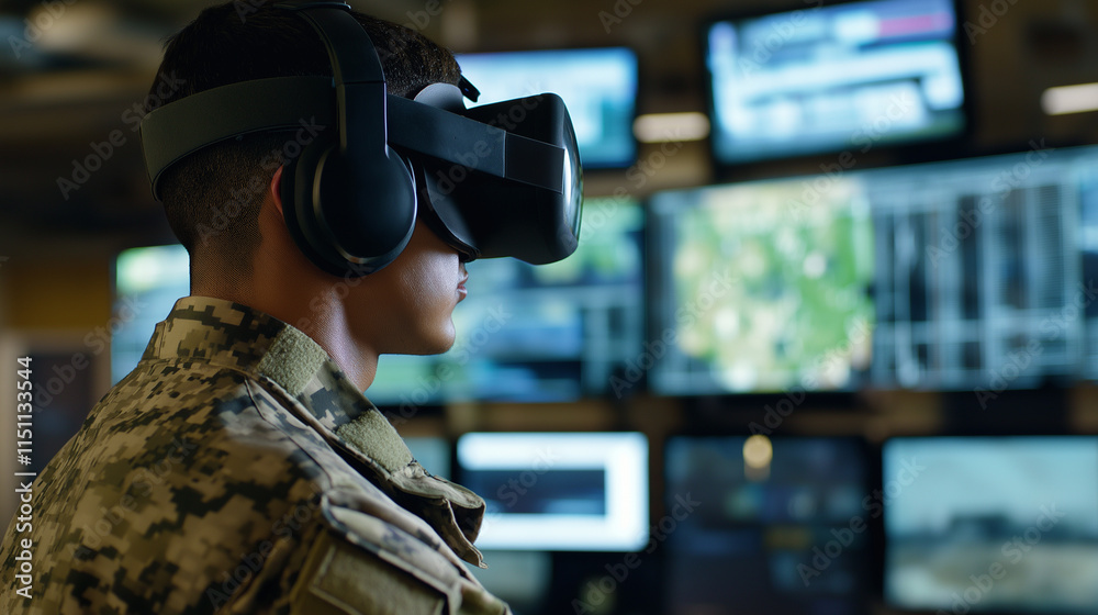 A soldier wearing a VR headset in a high-tech control room filled with multiple monitors and data screens. A soldier wearing a VR headset in a high-tech control room filled with multiple monitors and data screens.