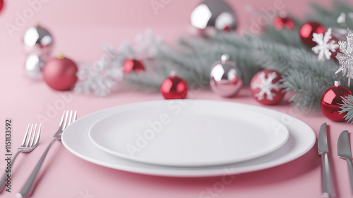 A minimalist Christmas table setting with a white plate, silverware, and festive decorations on a pink background. photo