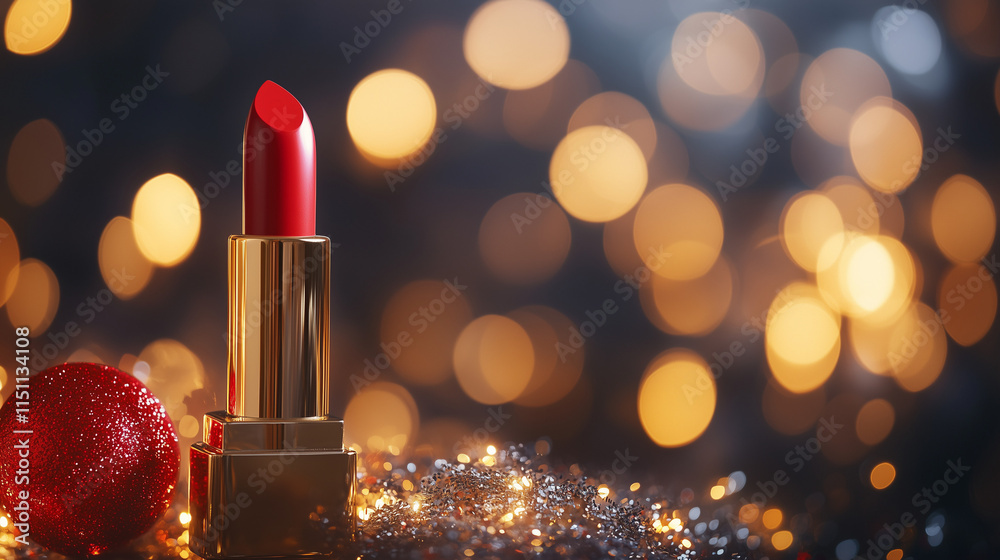 Lipstick on a pedestal with a red Christmas ball on a background with bokeh. Copy space. Lipstick on a pedestal with a red Christmas ball on a background with bokeh. Copy space.