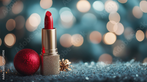Lipstick on a pedestal with a red Christmas ball on a blue background with bokeh. Copy space. photo