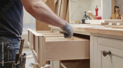 Installing drawers in a custom cabinet unit, showcasing precise carpentry in a stylish kitchen