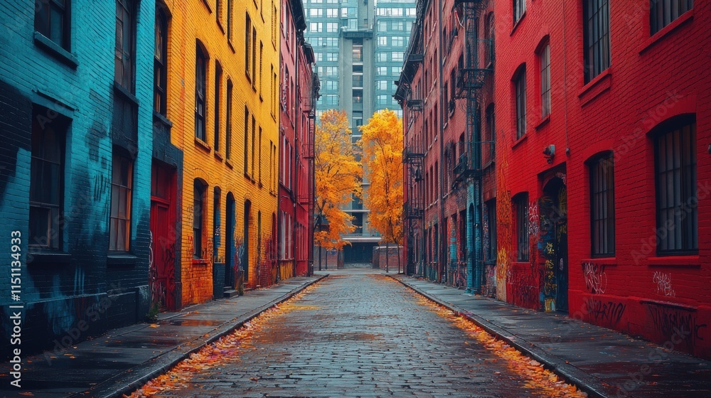 Fototapeta premium Cobblestone alleyway, colorful buildings, autumn leaves.
