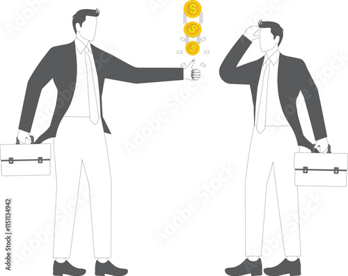 Flip a coin to make a decision, uncertainty in decision making, randomness and risk, taking chances, businessman looks at the coin flipped by hand before making a decision