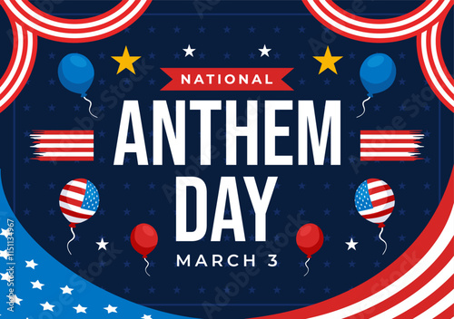 National Anthem Day Vector Illustration on March 3 Featuring the United States of America Flag in a National Holiday Flat Cartoon Background Design