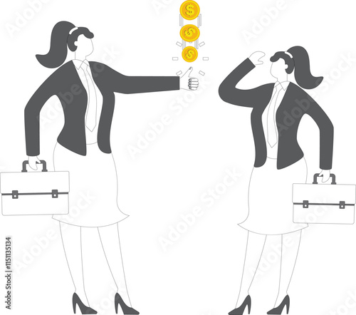 Flip a coin to make a decision, uncertainty in decision making, randomness and risk, taking chances, businesswoman looks at the coin flipped by hand before making a decision