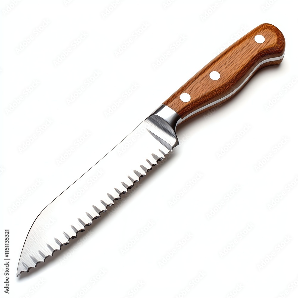 A serrated knife with a wooden handle on a white isolated background. A serrated knife with a wooden handle on a white isolated background.