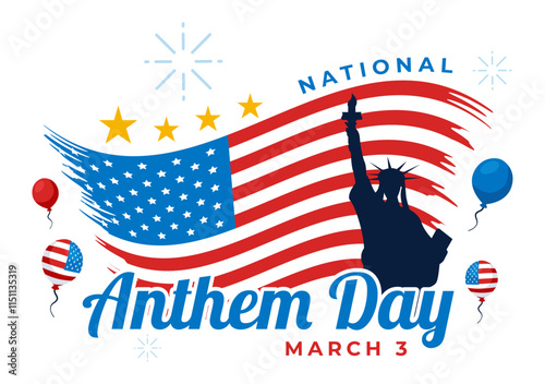 National Anthem Day Vector Illustration on March 3 Featuring the United States of America Flag in a National Holiday Flat Cartoon Background Design