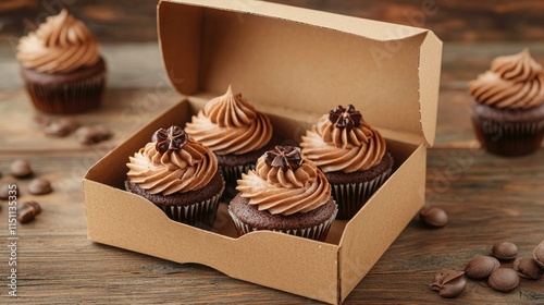 Simple cardboard bakery box with freshly baked cupcakes inside photo