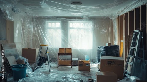 Renovation scene showing protective plastic sheets covering furniture and tools nearby