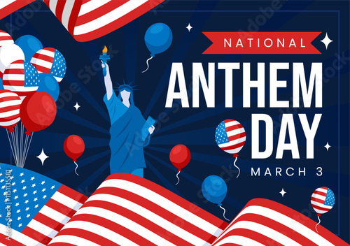 National Anthem Day Vector Illustration on March 3 Featuring the United States of America Flag in a National Holiday Flat Cartoon Background Design