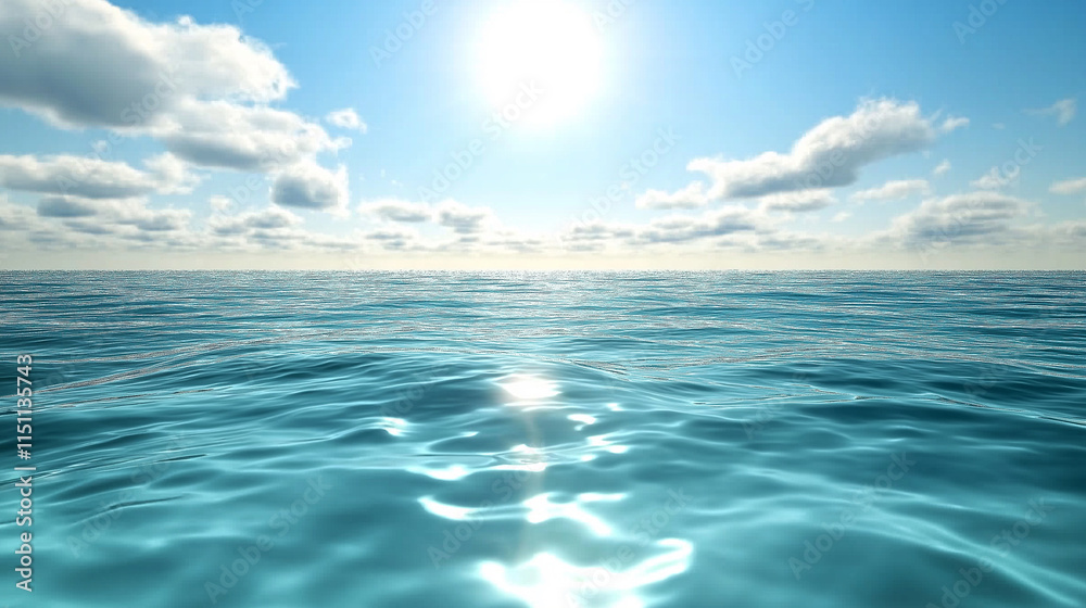 Obraz premium A tranquil ocean scene with sunlit water reflecting under a blue sky and soft clouds.