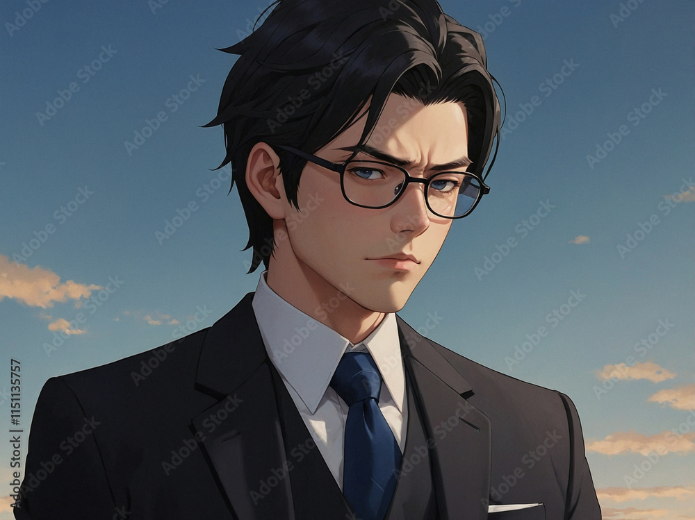 A single anime-style male character wearing a fitted black suit with a crisp white shirt and a perfectly knotted tie