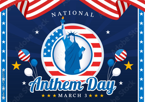 National Anthem Day Vector Illustration on March 3 Featuring the United States of America Flag in a National Holiday Flat Cartoon Background Design