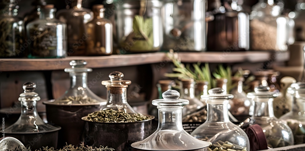 Glass jars filled with herbs and potions, arranged in a vintage apothecary setting, showcasing an old-world charm Glass jars filled with herbs and potions, arranged in a vintage apothecary setting, showcasing an old-world charm