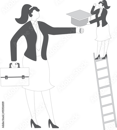 Getting higher and better academics and education, self-study education and self-improvement, businesswomen climbing ladders to climb to pick the graduation cap on their giant thumbs