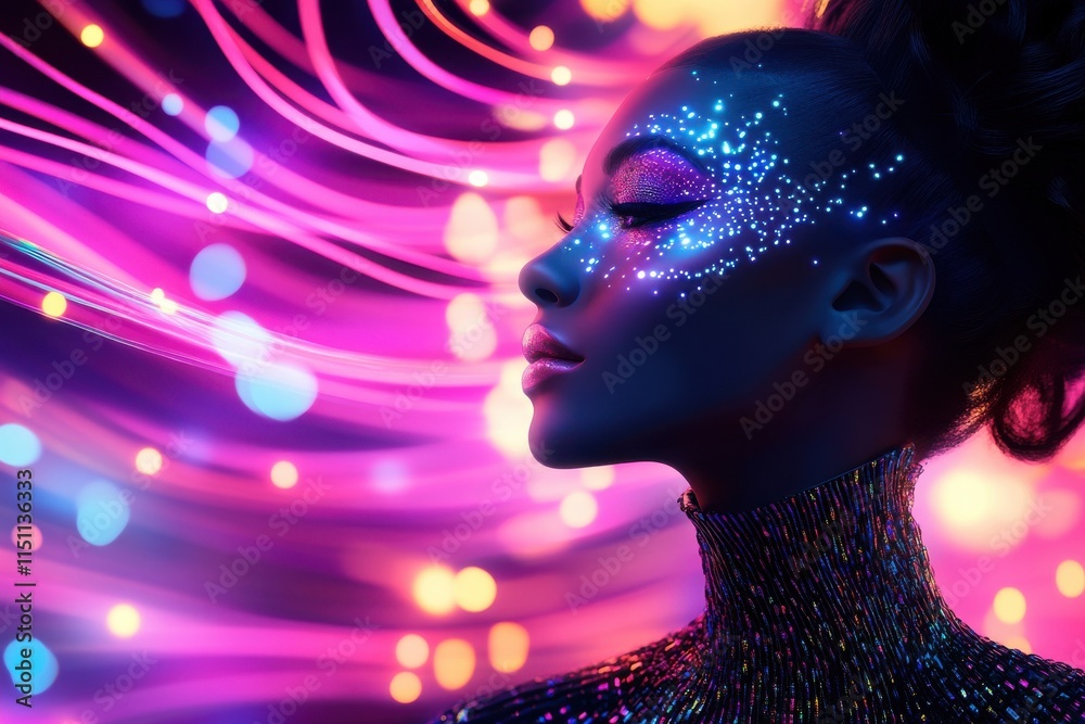 Elegant Portrait of a Woman with Glitter Makeup and Colorful Light Trails Creating a Vibrant and Dreamy Atmosphere in a Creative Modern Style Elegant Portrait of a Woman with Glitter Makeup and Colorful Light Trails Creating a Vibrant and Dreamy Atmosphere in a Creative Modern Style