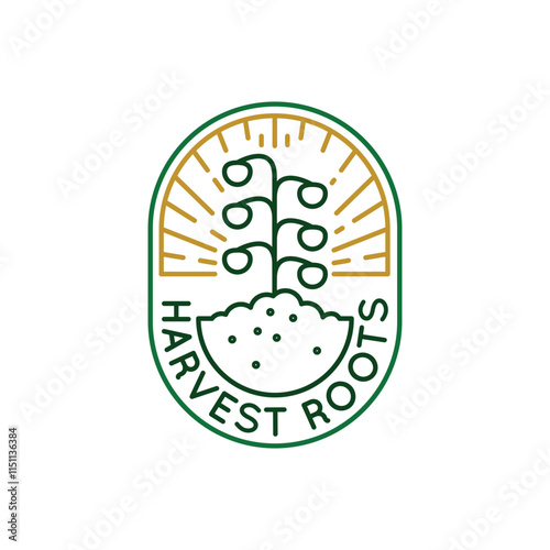 Simple Logo with harvest roots icon. Simple Logo with a farmhouse with a soil and a plant. Perfect for use in websites, mobile apps, and environmental design. Vector illustration.