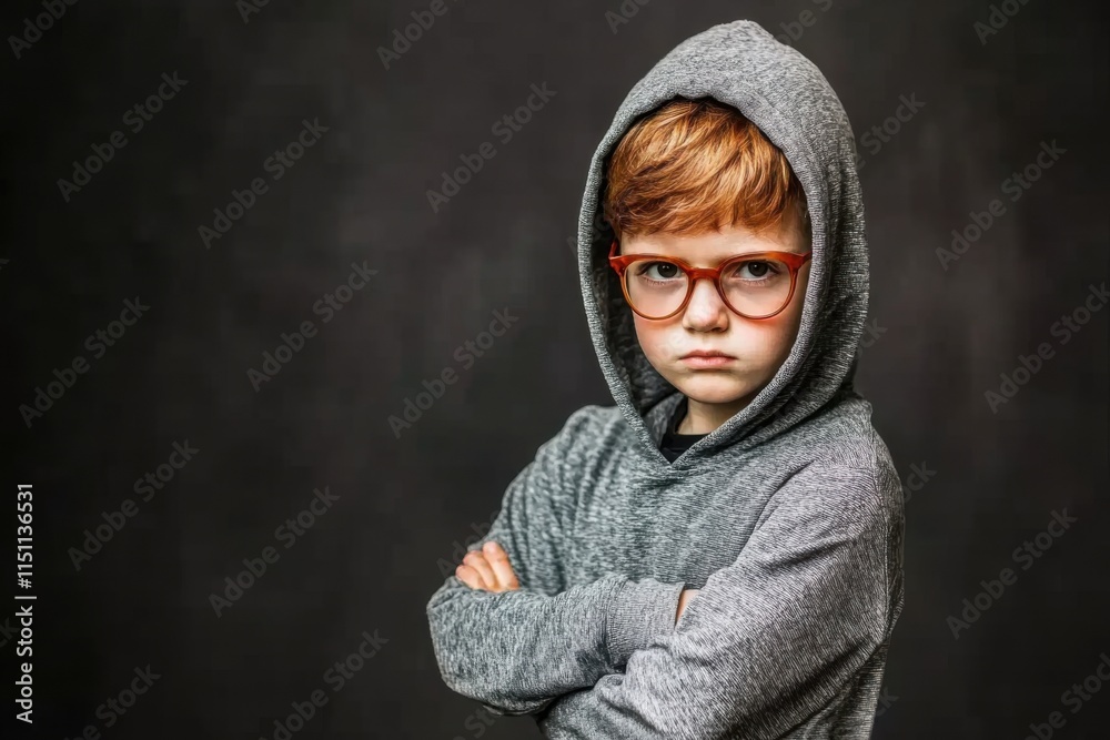 Pensive boy in gray hoodie with glasses against dark background Pensive boy in gray hoodie with glasses against dark background