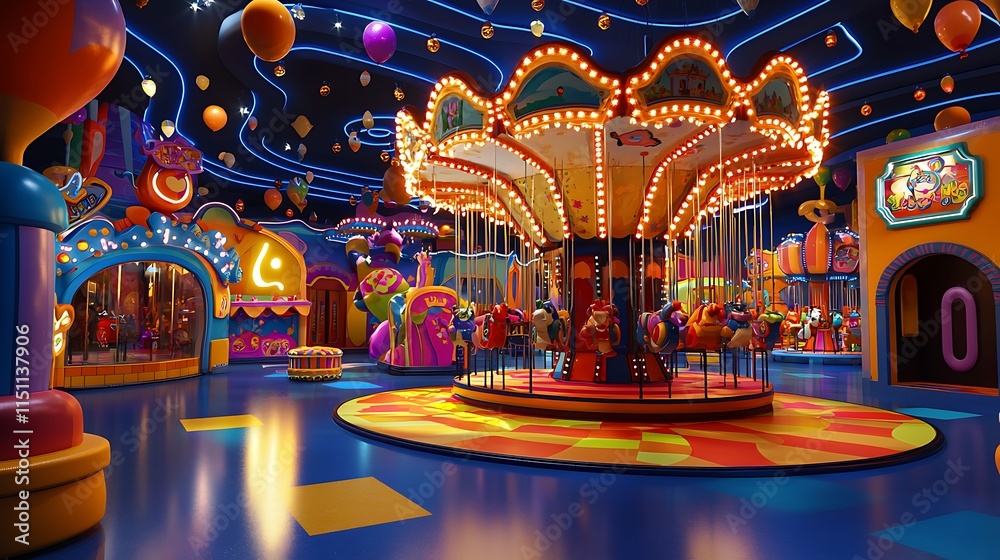 Obraz premium Illuminated Carousel in a Colorful Indoor Play Area