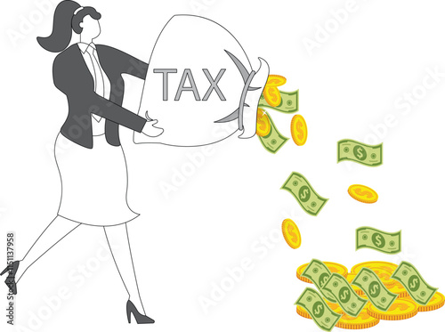 Businesswomen pour out a lot of money from inside their money bags, income or profit, investment or return on investment, tax, tax or debt or financial problems