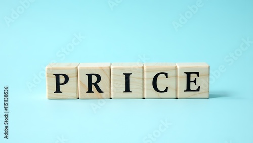 Price Word Spelled with Wooden Blocks on a Light Blue Background