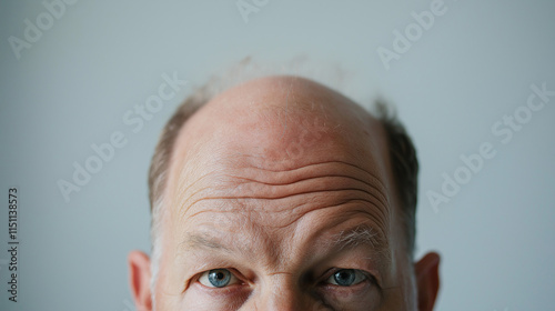 Close-up of a balding man's forehead and eyes, highlighting natural aging and expressions with neutral background.