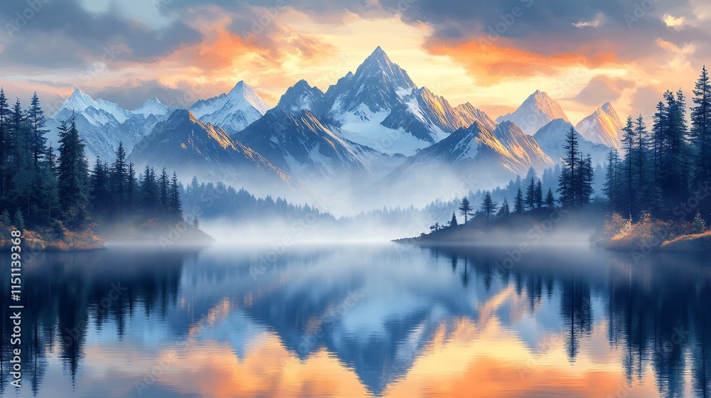 Obraz premium Vibrant vector illustration of a mountain lake with a reflection of the peaks ideal for travel and outdoor designs