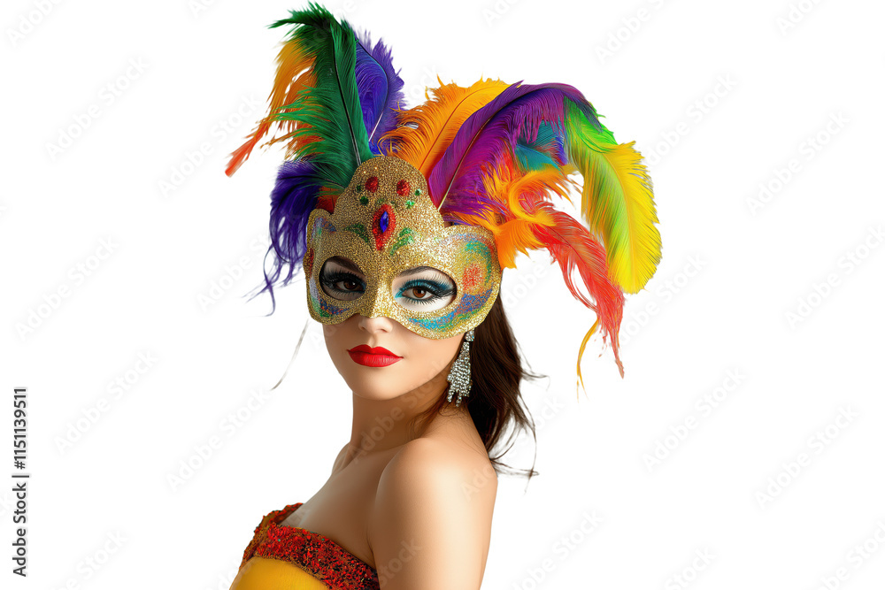 Fototapeta premium Woman in a colorful feathered Mardi Gras mask in side profile isolated on a transparent background